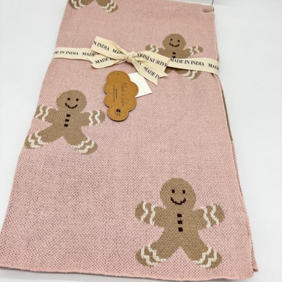 Baby Blanket Made In India Pink & Brown Gingerbread Men Christmas Holiday NEW - Picture 3 of 5